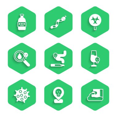 Sigara, radyoaktif, atık su, zehirli alkol, bakteri, büyüteç, biyolojik tehlike sembolü ve ikon. Vektör