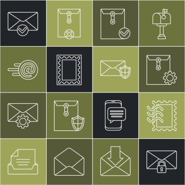 Satır satırı ileti kilidi parolası, posta pulu, Zarf ayarı ve işaretleme işareti, e-posta ve kalkan simgesi ile ayarlayın. Vektör