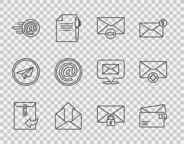 Satır Zarfı, Silme zarfı, giden posta, e- posta, ileti kilidi şifresi ve alınan konsept simgesini ayarla. Vektör