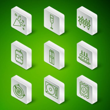 LSD asit damgası, vinil diskli vinil çalar, festival konfetisi, hediye kutusu, bira kutusu, şampanya kutusu, klasik dart tahtası ve ok ve pasta yanan mum ikonu. Vektör