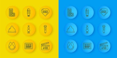 Set line Dildo vibrator, Condom, Anal beads, Movie clapper with 18 plus content, Birth control pills and condom, Heart text Sex and  icon. Vector