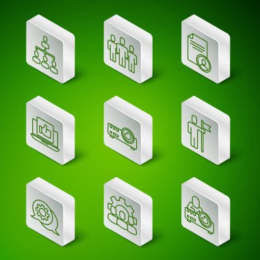 Hiyerarşi organizasyon şeması, El kullanıcı grubu, konuşma balonu sohbeti ve takım lideri simgesi. Vektör