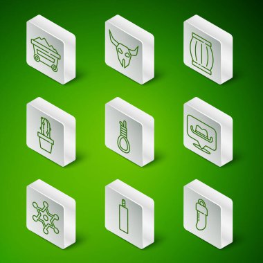 Dişleri, dinamit bombası, kömür madeni tramvayı, darağacı halat askısı kaktüs peyote tenceresi, bufalo kafatası, Hexagram şerifi ve konum kovboy ikonu. Vektör