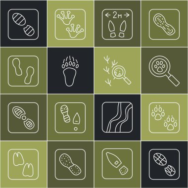 İnsan ayak izi ayakkabıları, Paw, arama, güvenli mesafe, ayı pençesi ve kuş ikonu. Vektör