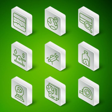 Çizgi Rulet inşaatı, toprak zemin katmanları, insansız hava aracı, petrol parası, sergi mineralleri, taşlar ve maden ikonu içeren dünya küresi. Vektör