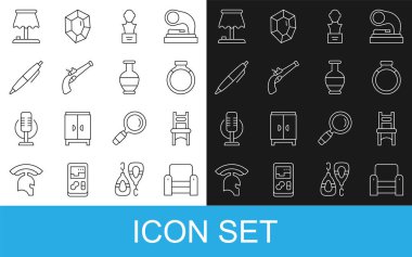 Koltuk, sandalye, altın yüzük, alçı taşı heykel büstü, antika tabanca, kalem, masa lambası ve Antik amfora simgesi. Vektör