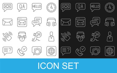 Hat hattı, Personel, Kulaklıklar, Merhaba farklı dillerde, posta ve e-posta, yığın kağıt para nakit ve konuşma balonu sohbet ikonu. Vektör