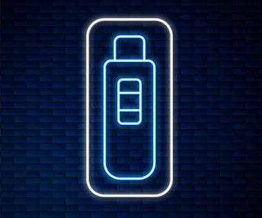 Parlayan neon hattı hamilelik testi simgesi tuğla duvar arka planında izole edildi. Vektör