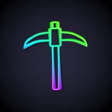Parlayan neon çizgisi Kazma simgesi siyah arkaplanda izole edildi. Vektör