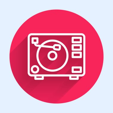 Uzun gölge arkaplan izole edilmiş vinil disk simgesine sahip beyaz çizgi Vinil oynatıcı. Kırmızı daire düğmesi. Vektör