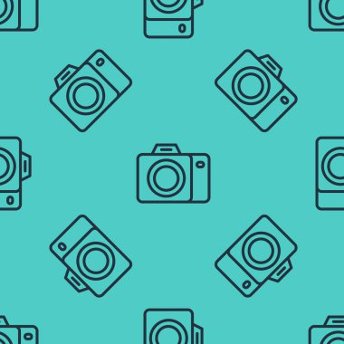Siyah çizgi fotoğraf makinesi simgesi yeşil arkaplandaki kusursuz deseni izole etti. Foto kamera. Dijital fotoğrafçılık. Vektör