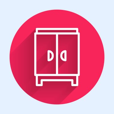 Beyaz çizgi Gardırop simgesi uzun gölge arkaplanı ile izole edilmiş. Dolap tabelası. Kırmızı daire düğmesi. Vektör