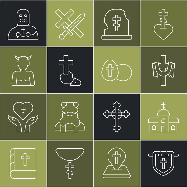 Установить линию Флаг с христианским крестом, церковное здание, Кристиан, могила надгробия, Крампус, черт возьми, рыцарь крестоносца и икона пасхальное яйцо. Вектор