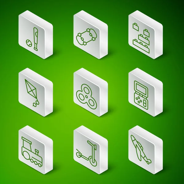 Çizgi Toy uçağı, patenli scooter, beysbol sopası, Fidget spinner, Kite, Skateboard, tren ve Tetris elektronik oyun ikonu. Vektör