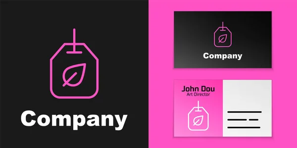 Pink Line Tea Bag Leaf Icon Isolated Black Background Logo — Stock Vector