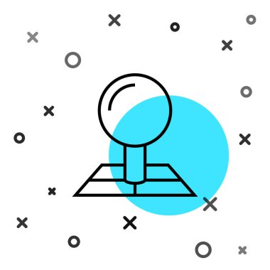 Siyah çizgi haritası beyaz arkaplanda izole edilmiş konum simgesi simgesi ile birlikte. Rastgele dinamik şekiller. Vektör