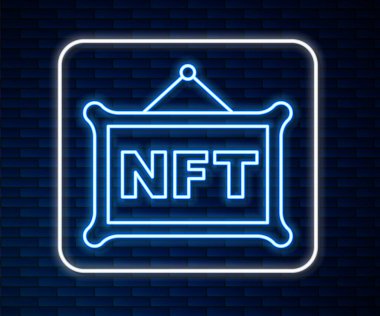 Parlayan neon hattı NFT dijital şifreleme sanat simgesi tuğla duvar zemininde izole edildi. Para iadesi olmayan jeton. Vektör
