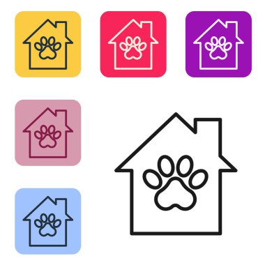 Beyaz arka planda siyah çizgi evcil hayvan evi simgesi izole edildi. Renkli kare düğmelerle simgeleri ayarla. Vektör