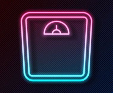 Parlayan neon hattı banyo ölçekli simge siyah arka planda izole edildi. Ağırlık ölçme ekipmanı. Ağırlık ölçeği spor konsepti. Vektör
