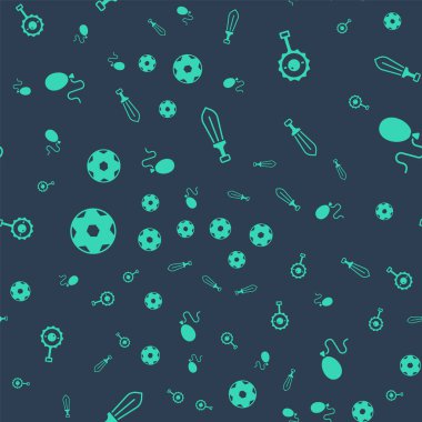 Kılıç oyuncağı, çıngıraklı bebek, futbol topu ve balonlar kusursuz desenli. Vektör