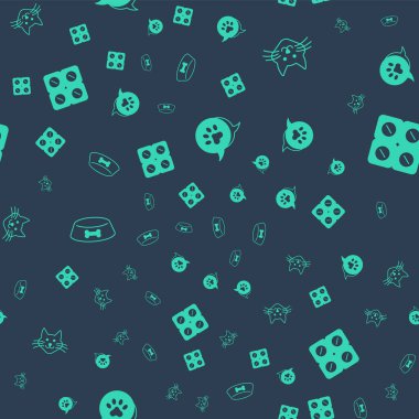 Paw print 'i, Cat' i, kedi ya da köpek için evcil hayvan yemek kasesini ve köpek hapını kusursuz desenli olarak ayarla. Vektör