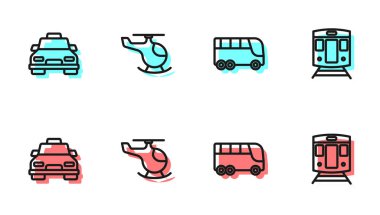 Otobüs, taksi arabası, helikopter, tren ve tren ikonu ayarlayın. Vektör
