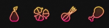 Soğan, armut, meşe palamudu ve tavuk budu. Parlayan neon ikonu. Vektör