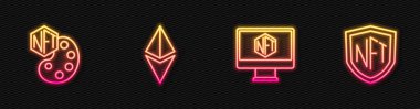 Çizgi Monitörünü sanat mağazası uygulaması, NFT dijital şifreleme, Ethereum ETH ve kalkan ile ayarla. Parlayan neon ikonu. Vektör