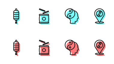 Satır Yin Yang sembolü, Çin kağıt feneri, davul ve ikon. Vektör