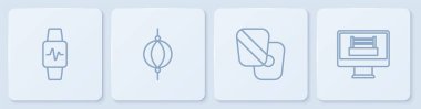 Sırayı kalp ile akıllı saat, boks antrenman pençeleri, kum torbası ve yüzük. Beyaz kare düğme. Vektör