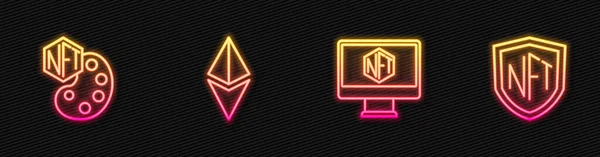 设置线监视器与艺术商店应用 Nft数字加密 Ethereum Eth和屏蔽 发光的霓虹灯图标 — 图库矢量图片