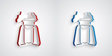 Kağıt kesiği saksı bitkisi gri arka planda izole edilmiş simge üzerinde duruyor. Tencerede yetişen bir bitki. Saksı bitkisi işareti. Kağıt sanatı tarzı. Vektör.