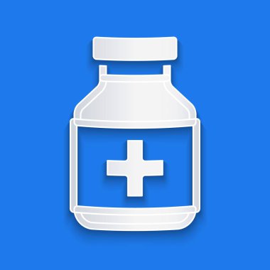 Kağıt kesiği ilaç şişesi ve mavi arka planda izole edilmiş ilaç ikonu. Şişe hapı işareti. Eczane tasarımı. Kağıt sanatı tarzı. Vektör.