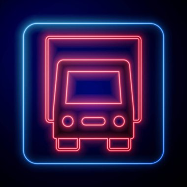 Parlayan neon kargo kamyonu ikonu siyah arka planda izole edildi. Vektör