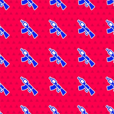 Mavi makineli tüfek simgesi kırmızı zeminde izole edilmiş. Kalaşnikov veya AK47. Vektör