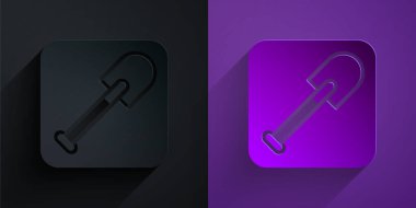 Kağıt kesiği Kürek simgesi mor arkaplanda siyah üzerine izole edilmiş. Bahçe aletleri. Bahçecilik, tarım, çiftçilik aleti. Kağıt sanatı tarzı. Vektör