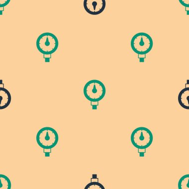 Yeşil ve siyah lastik basınç göstergesi simgesi bej arka planda izole edilmiş pürüzsüz desen. Lastik basıncını kontrol ediyorum. Gösterge, manometre. Araba emniyeti kavramı. Vektör