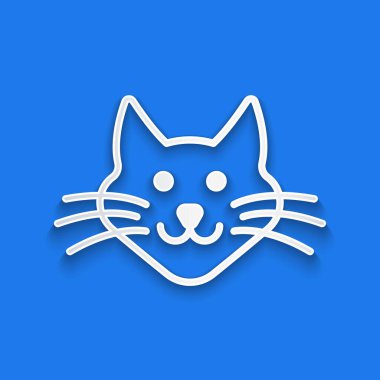 Kağıt kesiği kedi simgesi mavi arkaplanda izole edilmiş. Kağıt sanatı tarzı. Vektör