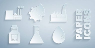 Petrol test tüpü, endüstriyel fabrika binası, damla ve ikon ayarlayın. Vektör