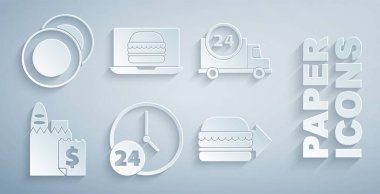 Saati 24 saat kur, arabayla hızlı teslimat, online sipariş ve hamburger ve tabak ikonu. Vektör