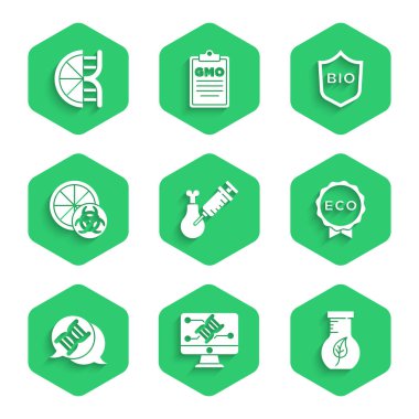 Gmo araştırma tavuğu, Genetik mühendisliği modifikasyonu, test tüpü ve matarası, ekolojik sağlıklı yiyecek, DNA sembolü, genetik olarak değiştirilmiş portakal, Kalkan biyolojisi ve simgesi etiketi ayarla. Vektör