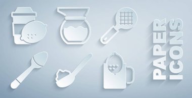 Şekerli kaşık, çay süzgeci, çay kaşığı, çay limonu, çaydanlık ve ikon. Vektör