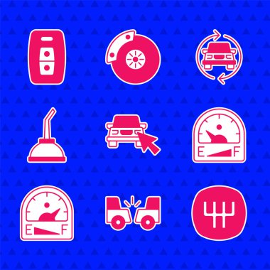 Çevrimiçi araba paylaşımı, araba kazası, vites kolu, motor yakıtı göstergesi, motor yağı için teneke kutu, uzaktan kumandalı servis ve anahtar. Vektör