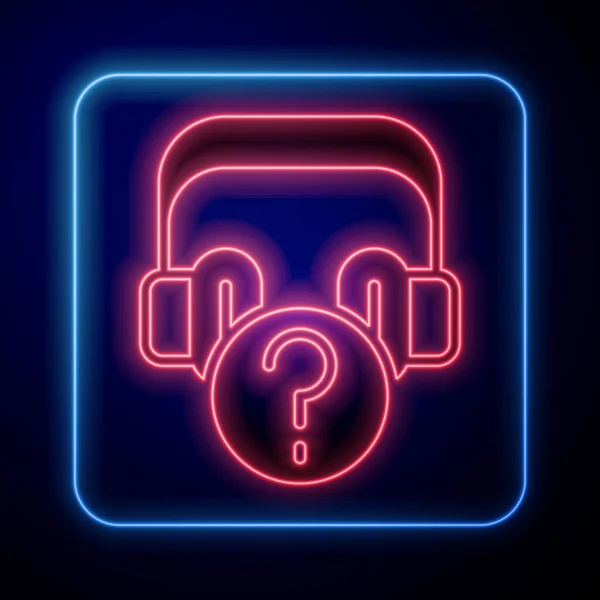 Świecące Neonowe Słuchawki Ikoną Pytań Odizolowane Czarnym Tle Obsługa Klienta — Wektor stockowy