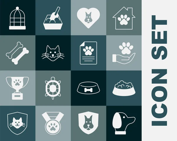 Set Dog Pet Food Bowl Cat Dog Hands Animals Footprint — Stock Vector