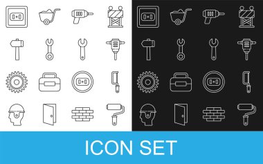 Boya fırçası, testere, elektrikli döner çekiç matkabı, makine, İngiliz anahtarı, çekiç, elektrik prizi ve ikon. Vektör