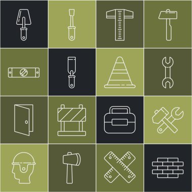 Tuğla, Çekiç ve İngiliz anahtarı anahtarı, İngiliz anahtarı, T-kare hattı, Rasp metal dosyası, inşaat balonu seviyesi, Trowel ve trafik konisi simgesi. Vektör