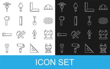 Hat bariyeri, tuğla, köşe cetvel, cetvel, tahta balta, elektrikli döner çekiç matkabı ve kürek ikonu. Vektör