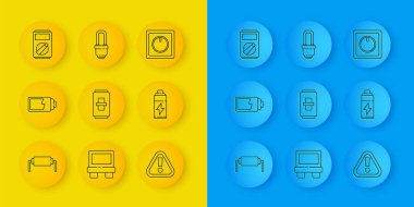 Hat direnci elektriği, pil şarj seviyesi göstergesi, elektrik düğmesi, ünlem işareti üçgeni, çoklu metre ve LED ampul simgesini ayarla. Vektör