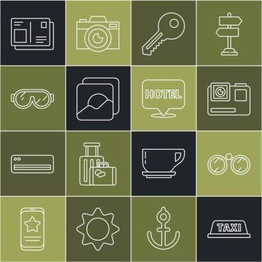 Taksi durağı, dürbün, kamera, anahtar, fotoğraf, kayak gözlüğü, vize damgalı pasaport ve otel ikonu. Vektör
